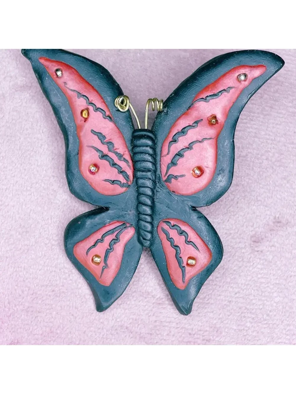 691. Terra Cotta and Black Butterfly Brooch Insect Clay